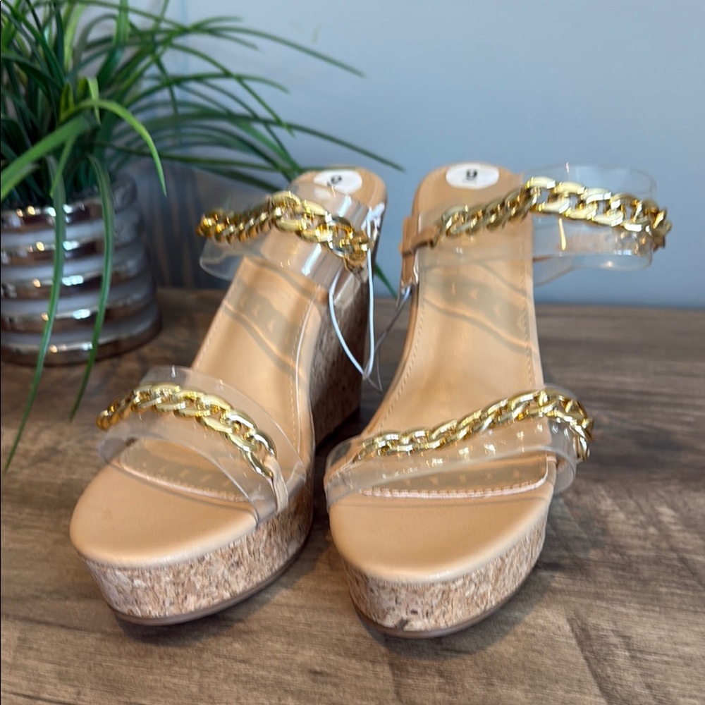 Forever 21 Gold and Cream Wedge Sandals with Chain Detail
